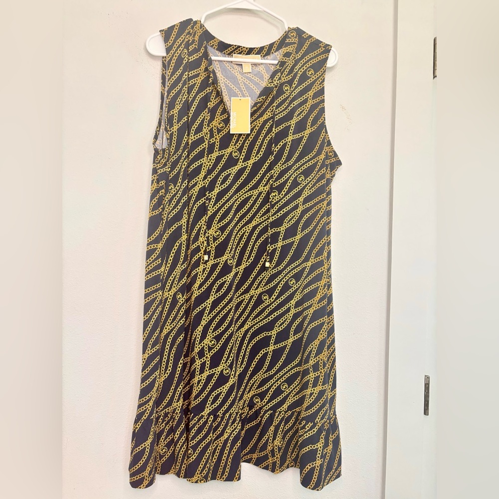 MICHAEL KORS NWT NAVY & GOLD CHAIN PRINTED MIDI DRESS SZ 2X